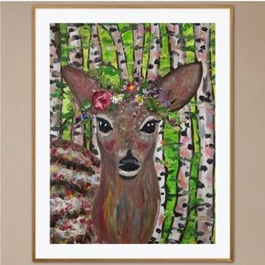 Forest Fawn Flower Crown Art Print Oil Painting Whimsical Animal Deer Woods Boho